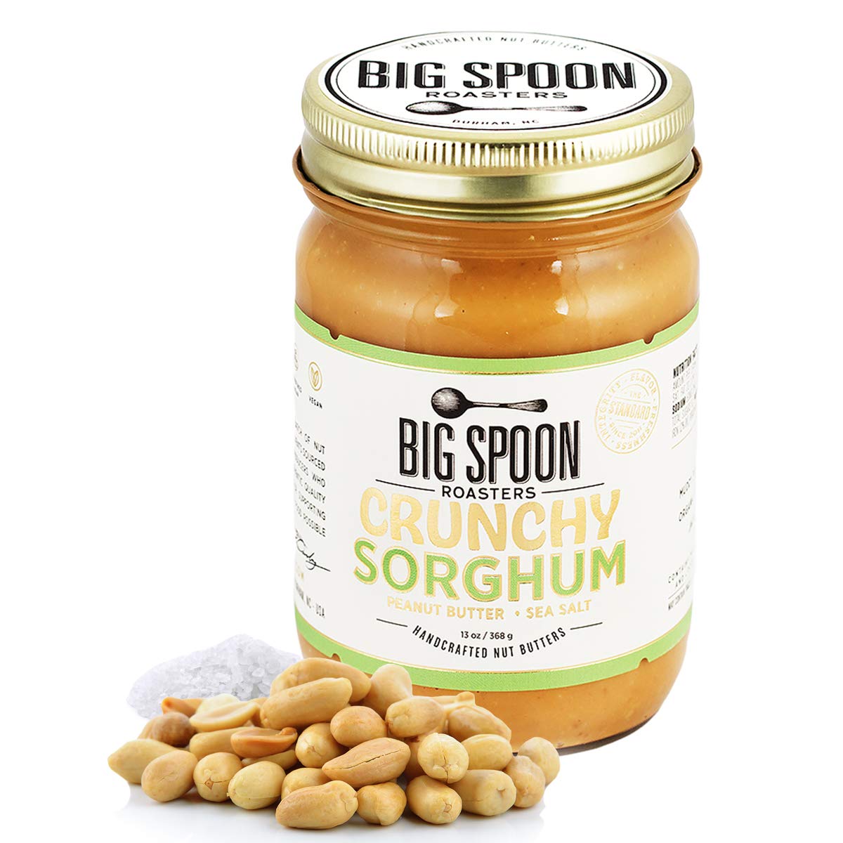 Big Spoon Roasters Sorghum Peanut Butter with Jacobsen Sea Salt - Low Sugar Peanut Butter – Course Texture – Crunchy Peanut Butter w/ Organic Peanuts - Keto, Palm Free, Vegan Peanut Butter - 13 Ounces
