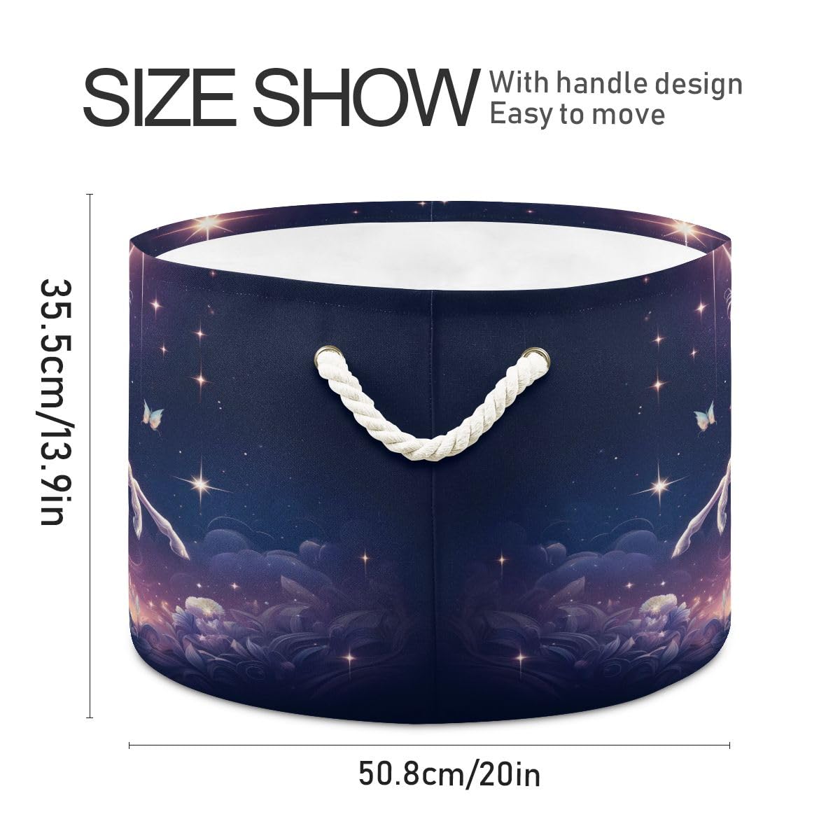 Round Storage Basket Unicorn with Sparkling Shining Stars Butterflies and Flowers Open Home Storage Bin 20 * 13.9in