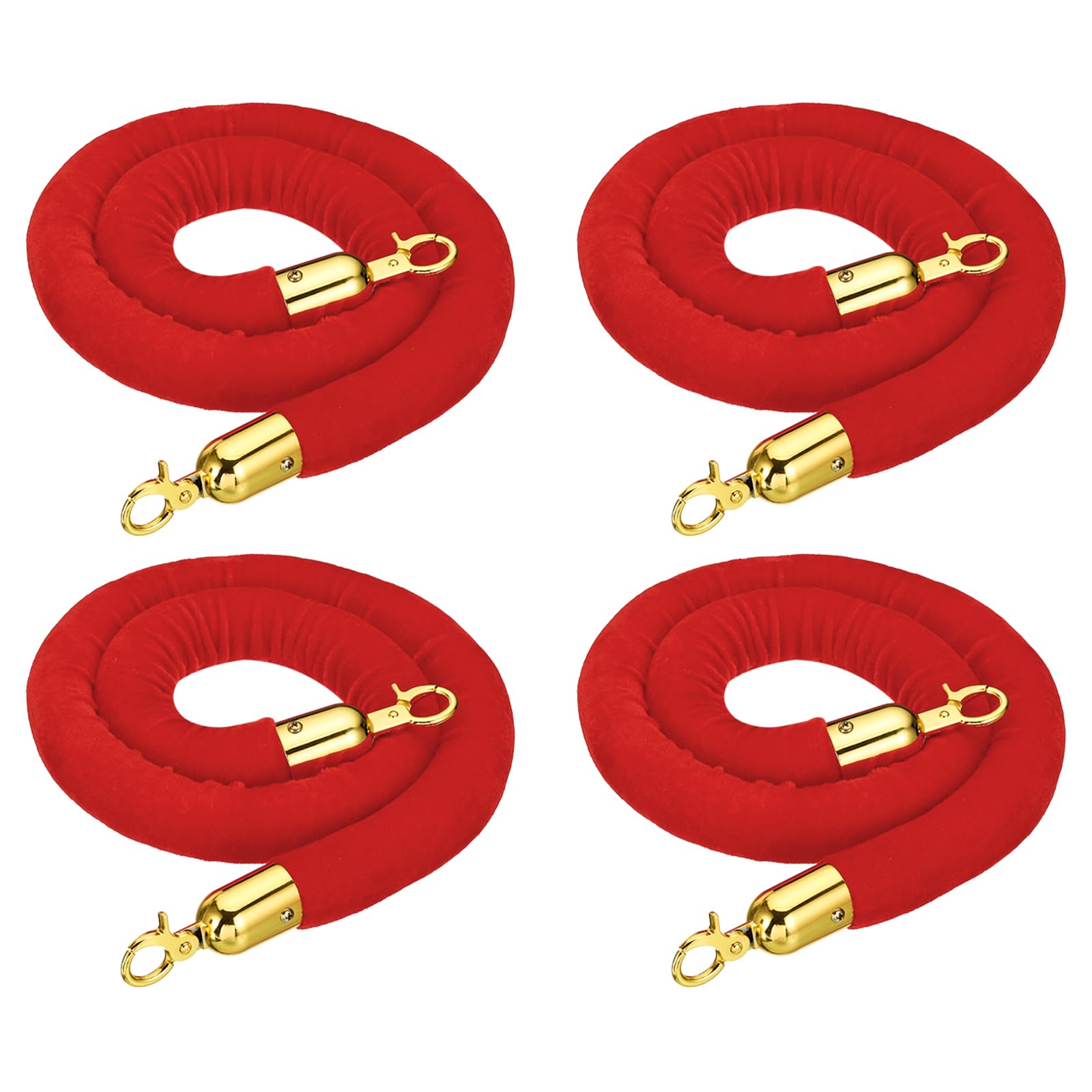 PATIKIL 4 Feet Red Velvet Stanchion Rope, 4 Pack Crowd Control Barrier Rope with Snap Hooks for Posts Stands Queue Divider of Hotel Theater, Golden