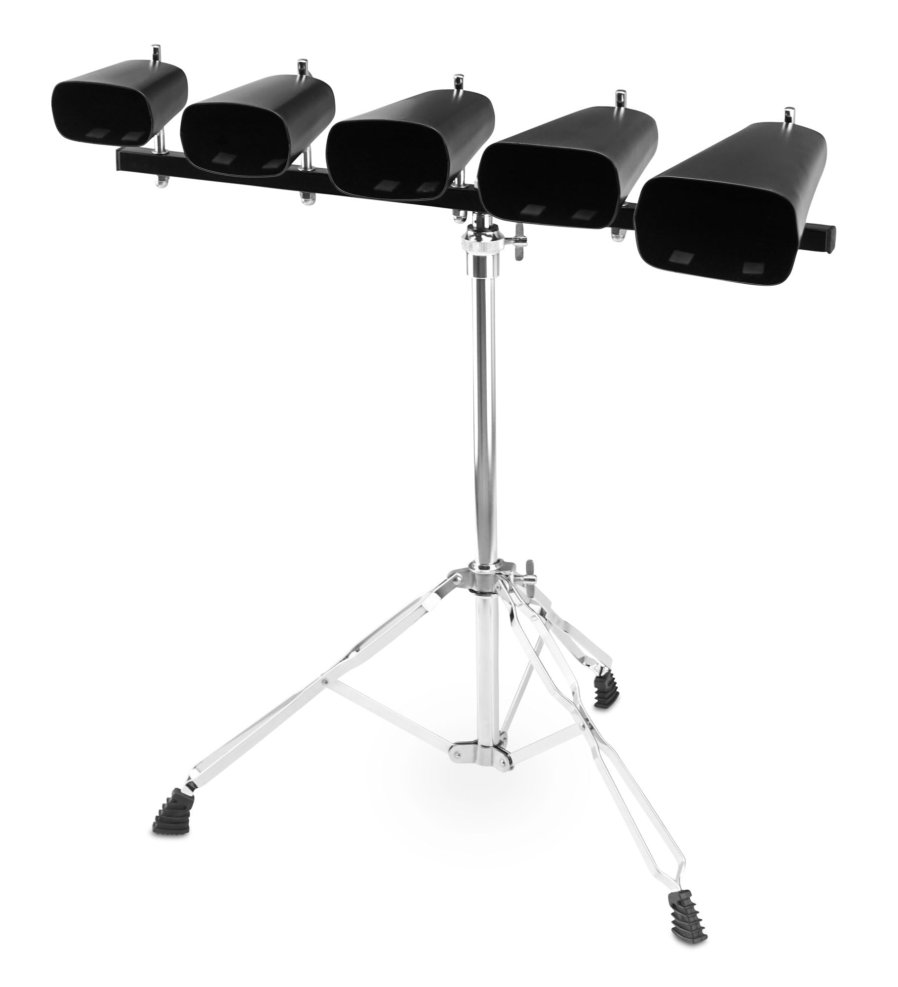 XDrum Cowbell Set, 5 Kuhglocken inkl. Ständer (Percussion, Kuhglockenset, 4",5",6",7",9", robuster, höhenverstellbarer Ständer, doppelstrebige Hardware, ausgezeichneter, harmonischer Klang)
