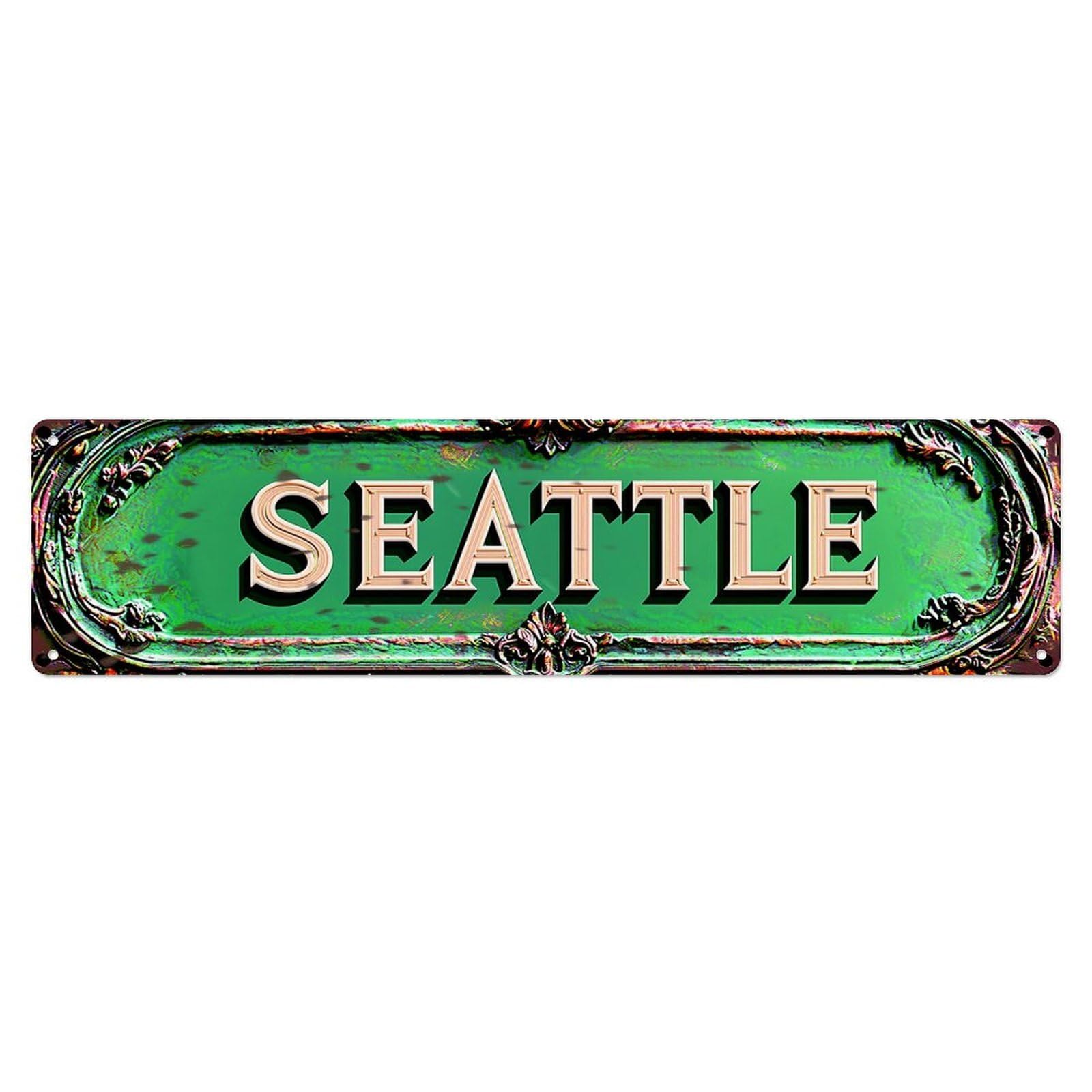 Jdyaojiesheng Vintage Green Ornate Seattle Sign Tin Sign Retro Metal Wall Decor Metal Poster, Home Bar Garage Farmhouse Cafe Wall Art Decoration 4X16inch