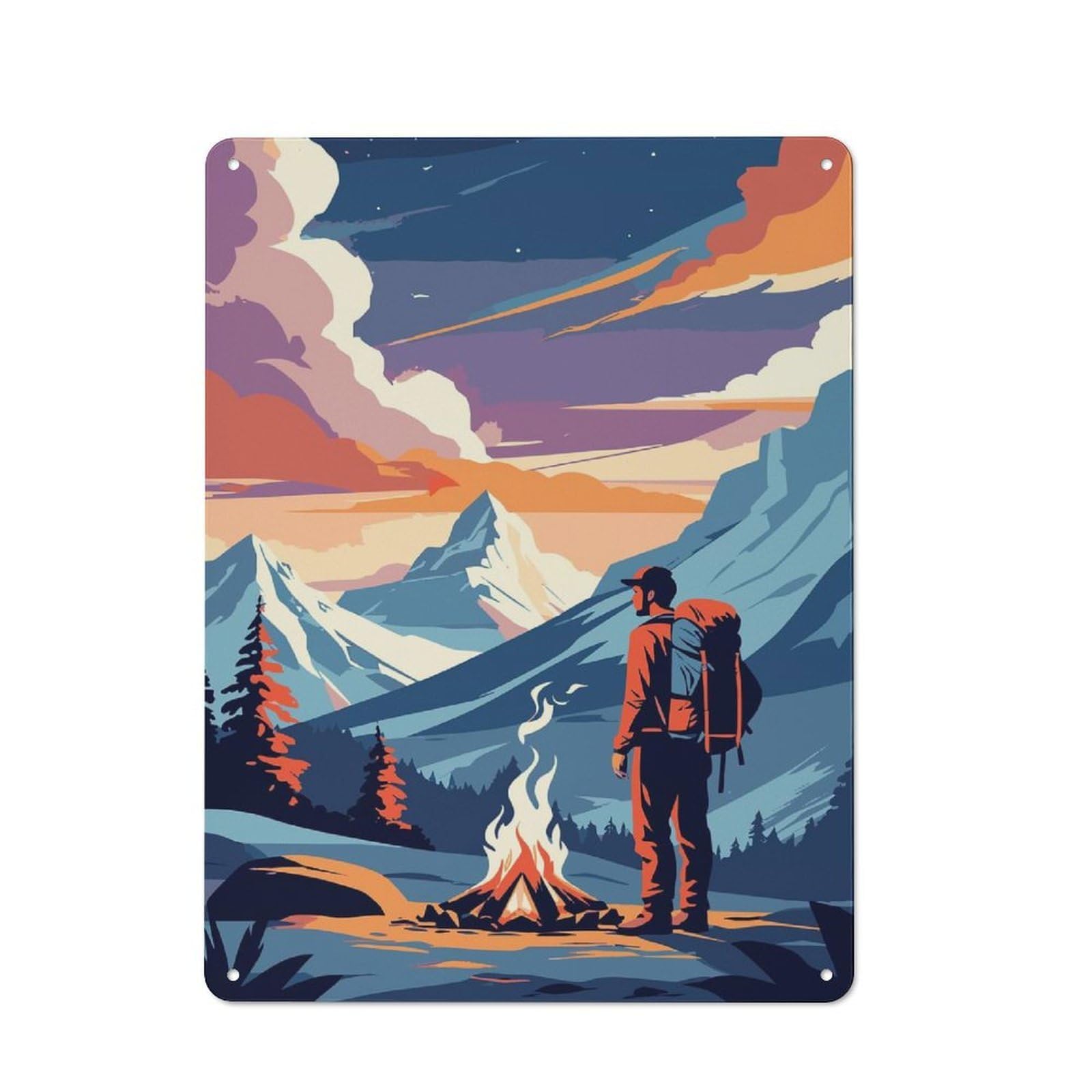 Junmoney Style-2 Hiker By Campfire Mountain Landscape Art Vintage Tin Wall Plaque 40X30cm For Home Bar Wall, For Vintage Wall Decor Fans, For Home Office And Studio Walls