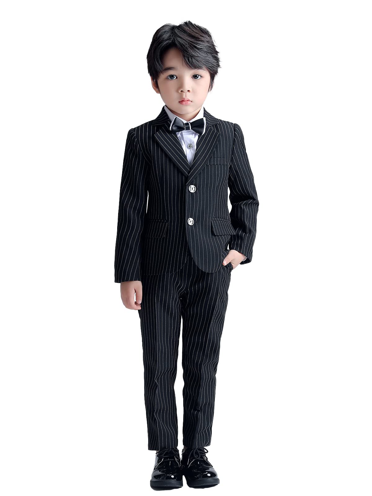 LOLANTA Boys Suit Wedding Ring Bearer Outfit Kids Suit Set, Plaid, Striped Blazer Suit Pants Bow Tie