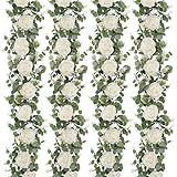 Dolicer 4Pcs 26Ft Artificial Eucalyptus Garlands with Flowers - 8 Roses, Faux Floral Greenery Garlands Fake Flowers Vines for Wedding Table Centerpieces Arch Party Ceremony Backdrop Decor (White)
