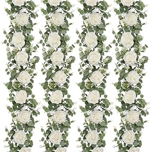 Dolicer 4Pcs 26Ft Artificial Eucalyptus Garlands with Flowers – 8 Roses, Faux Floral Greenery Garlands Fake Flowers Vines for Wedding Table Centerpieces Arch Party Ceremony Backdrop Decor (White)