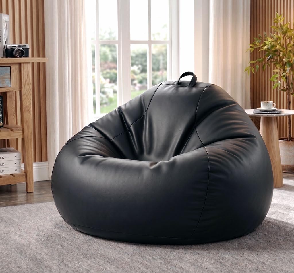 Sattva Classic XXXL Bean Bag with Pocket Filled with Beans | Faux Leather Teardrop Bean Bag for Adults & Teens | Pre-Filled Comfortable Seating for Bedroom, Living Room, Office, Home – Black