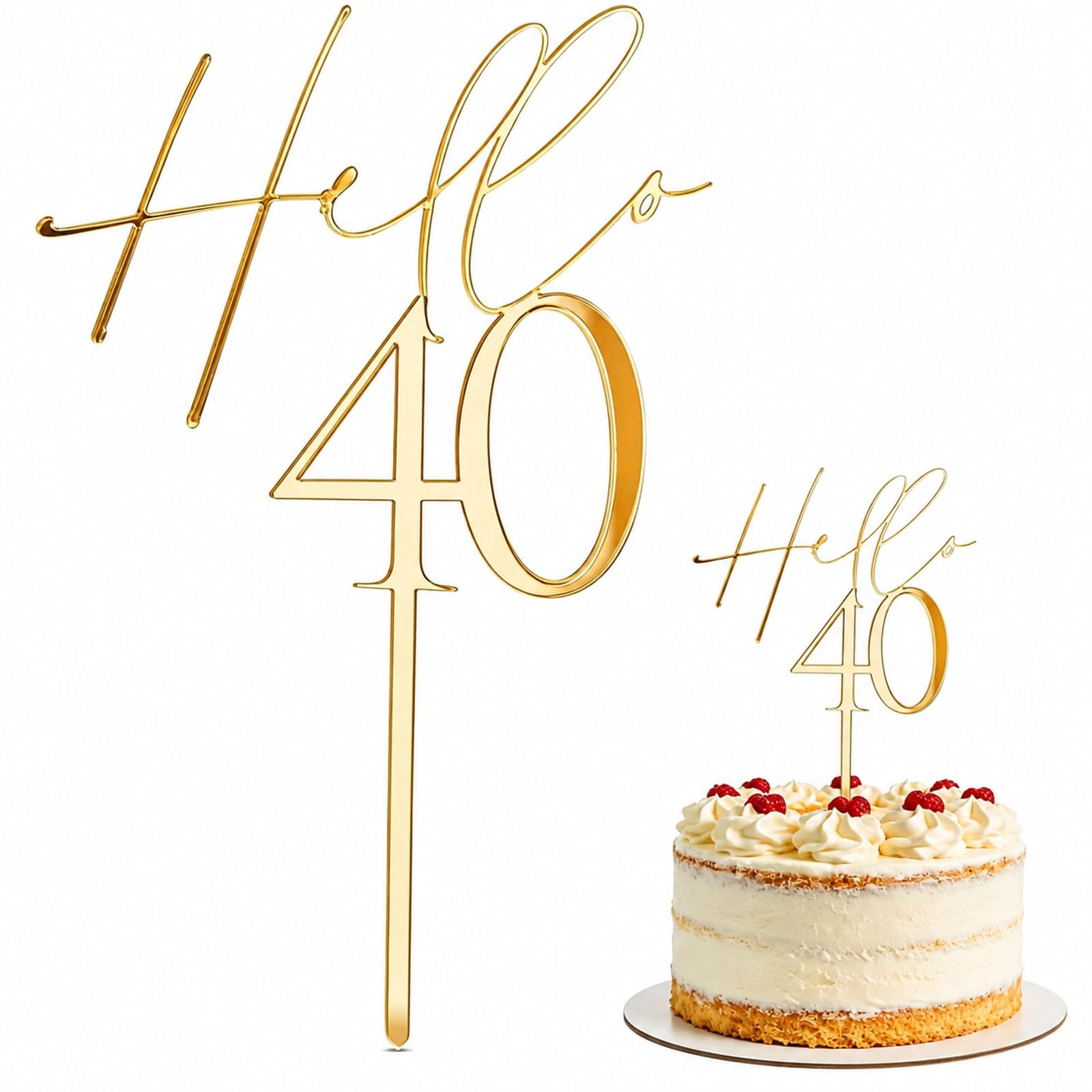 Hello 40 Cake Topper, Gold Acrylic 40th Birthday Cake Decoration for Women Men, 9 x 15 cm Forty Cake Topper Party Table Centre