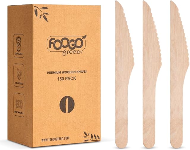 FOOGO Green 150pcs Disposable Wooden Knives 16cm Biodegradable Compostable Eco Friendly Knives Set Ideal for Wedding Picnic Party Catering Christmas Tableware