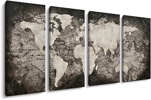 Juego de 4 paneles de mapa del mundo grande, lienzo de arte para pared, lienzo negro con mapa antiguo, decoración de pared, sala de estar (negro, 16