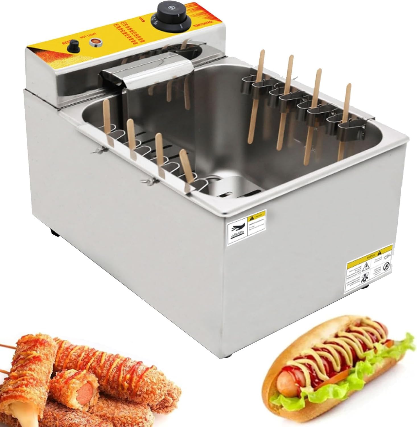 Freidora Profesional para Perritos de Maíz 12L, Eléctrica con Temperatura Ajustable 50-200°C y 1900W de Potencia, en Acero Inoxidable Alimentario para Restaurante, Hogar, Food Trucks y Fiestas