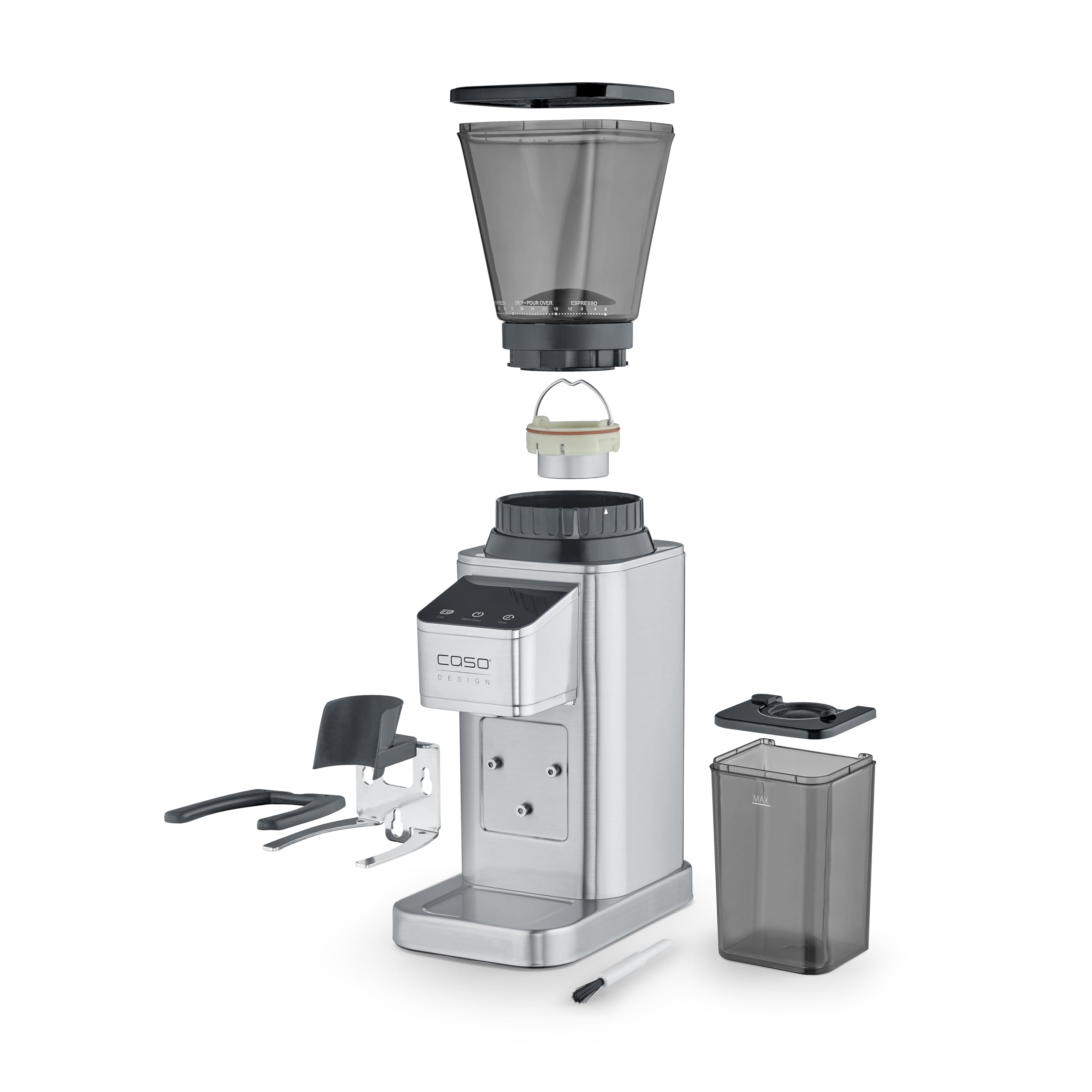 CASO BaristaChef Inox - moulin à café électrique, broyeur conique en acier inoxydable durable, avec support pour porte-filtre