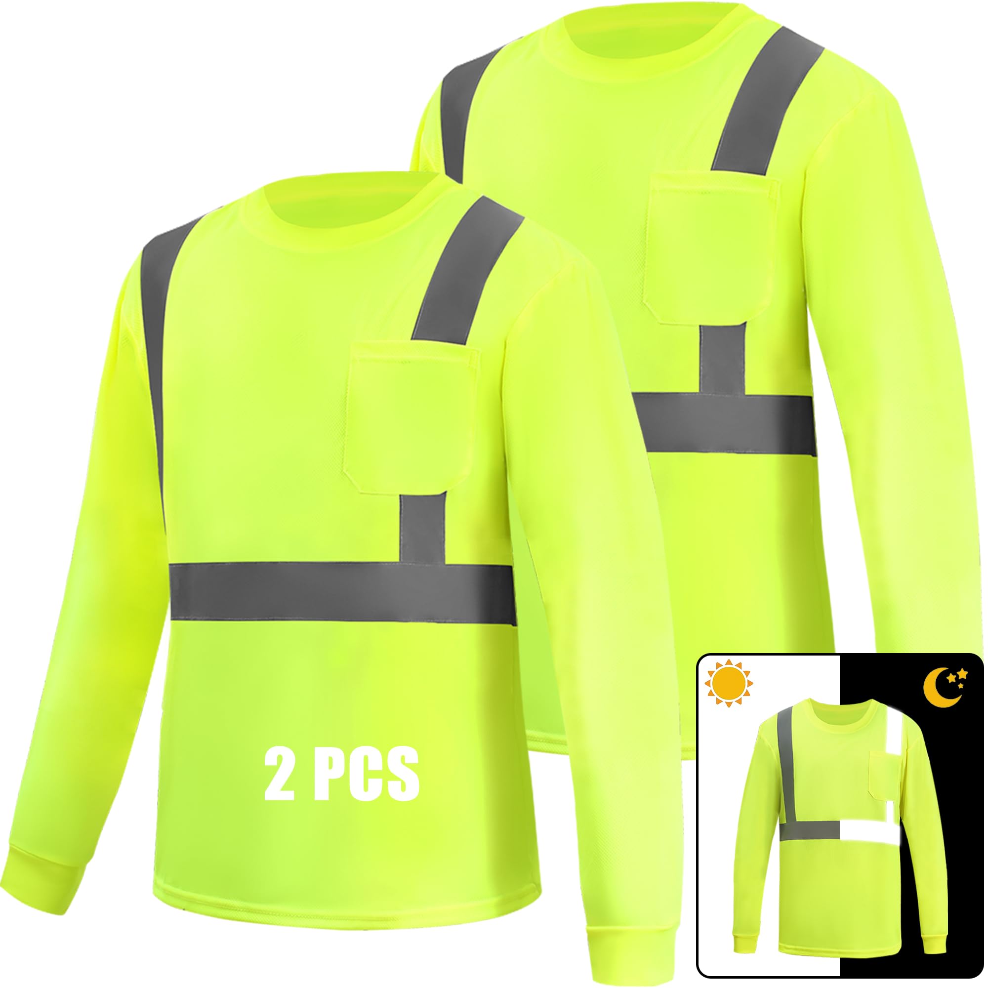 WPLM High Vis Long Sleeve T Shirts Safety Work Shirts Sun Protection Construction Shirts for Men M Yellow 2pcs