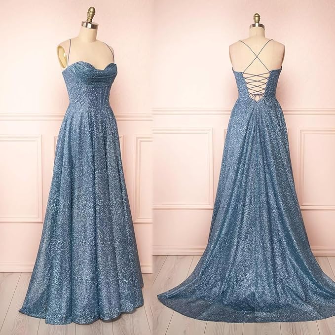 Robe de bal longue à sequins et col bénitier pour soirée formelle