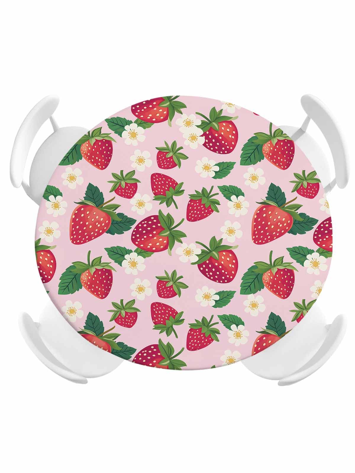 Strawberry Round Fitted Tablecloth with Elastic Edged, Flowers Fruit Pink Red Waterproof Oil Proof Wipeable Table Cover for Dinner Outdoor Picnic