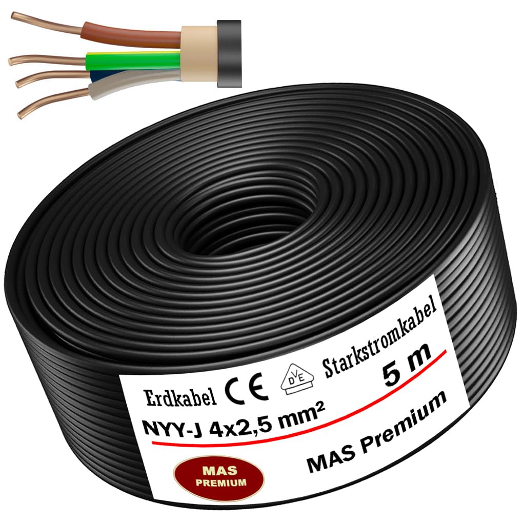 Câble d'alimentation souterrain NYY-J, 5, 10, 15, 20, 25, 30, 35, 40, 50, 60, 70, 75, 80, 90 ou 100 m, 4 x 2,5 mm², câble électrique avec anneau pour pose en extérieur, en sous-sol (5 m)