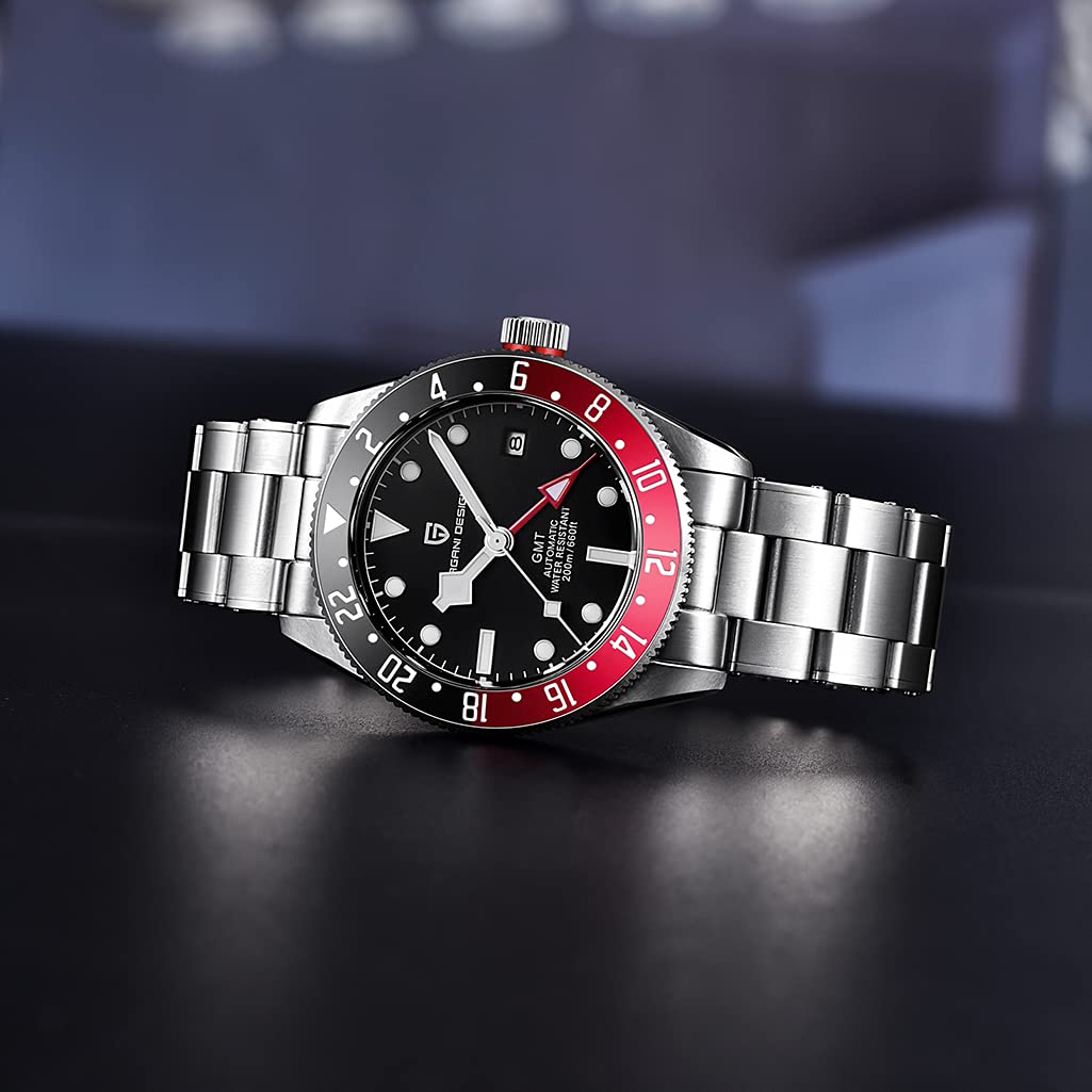 Pagani Design Herren Automatik Mechanisch GMT Uhren Aluminium Lünette Synthetisch Saphir Edelstahl Armband 200M Wasserdicht Leuchtend Selbstaufzug Sport Armbanduhren