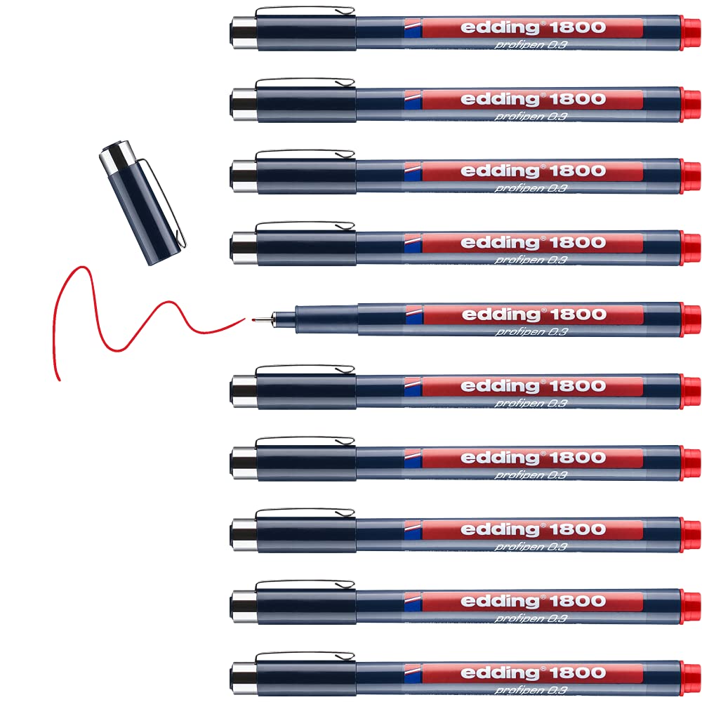 edding 1800 Präzisionsfeinschreiber - rot - 10 Stifte - Linienbreite 0,35 mm - Fineliner zum präzisen Schreiben und Skizzieren - feine, metallgefasste Spitze - Lineal- und schablonengeeignet