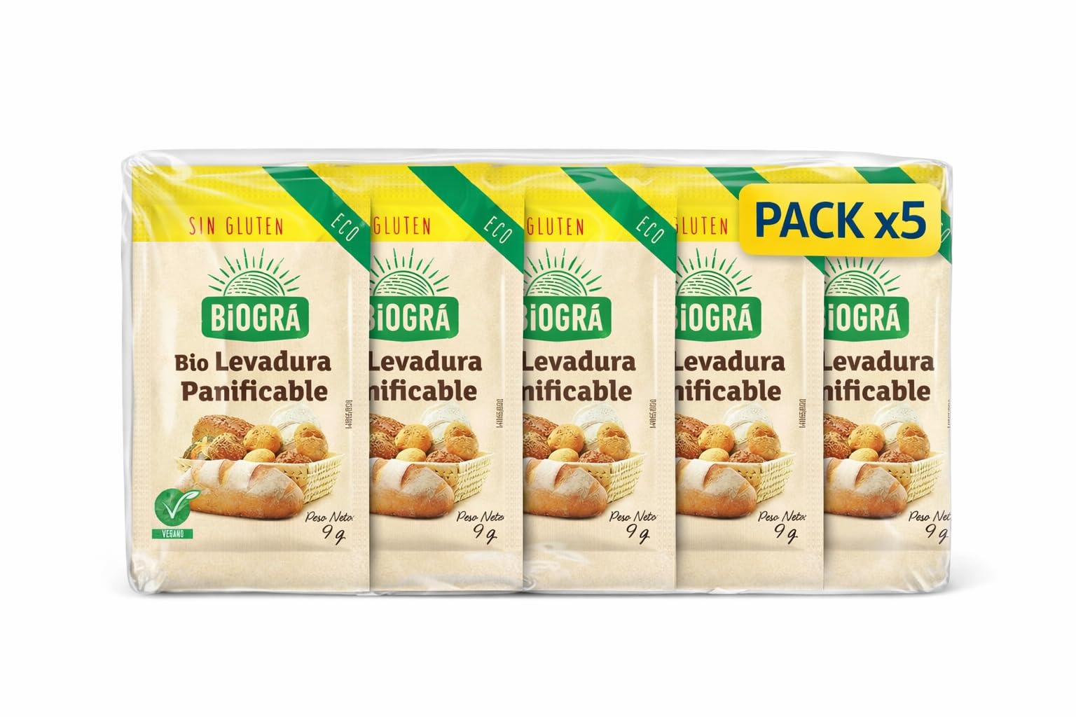 Pack 5x Levadura Panificable para Pan Biogra Bio 9 g | 5 Sobres de 9 g (Total 45 g) | Levadura en Polvo Sin Gluten | Ideal para Pan y Masas