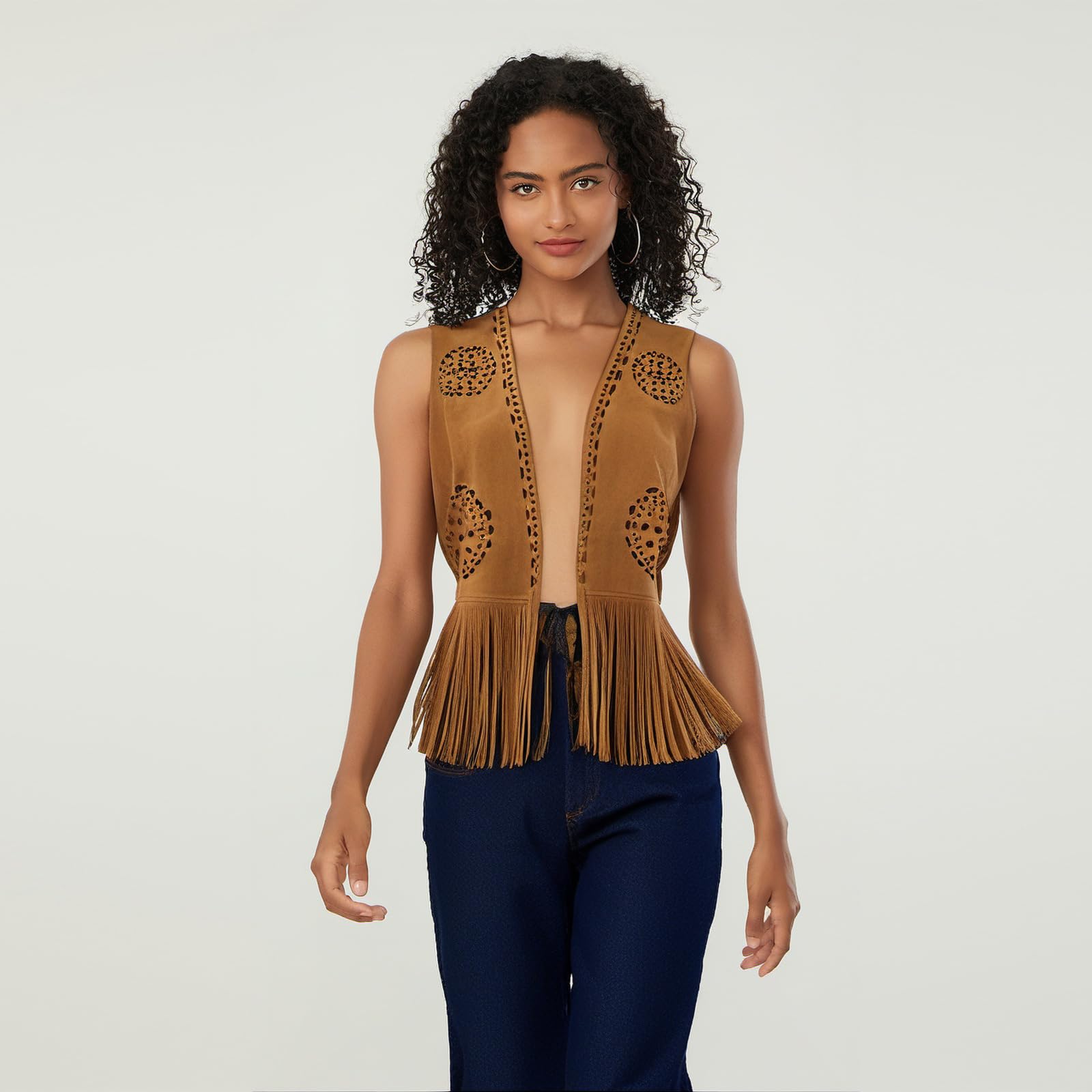 SANSIWU Gilet à franges sans manches en daim synthétique avec rivets pour femme Style western années 70