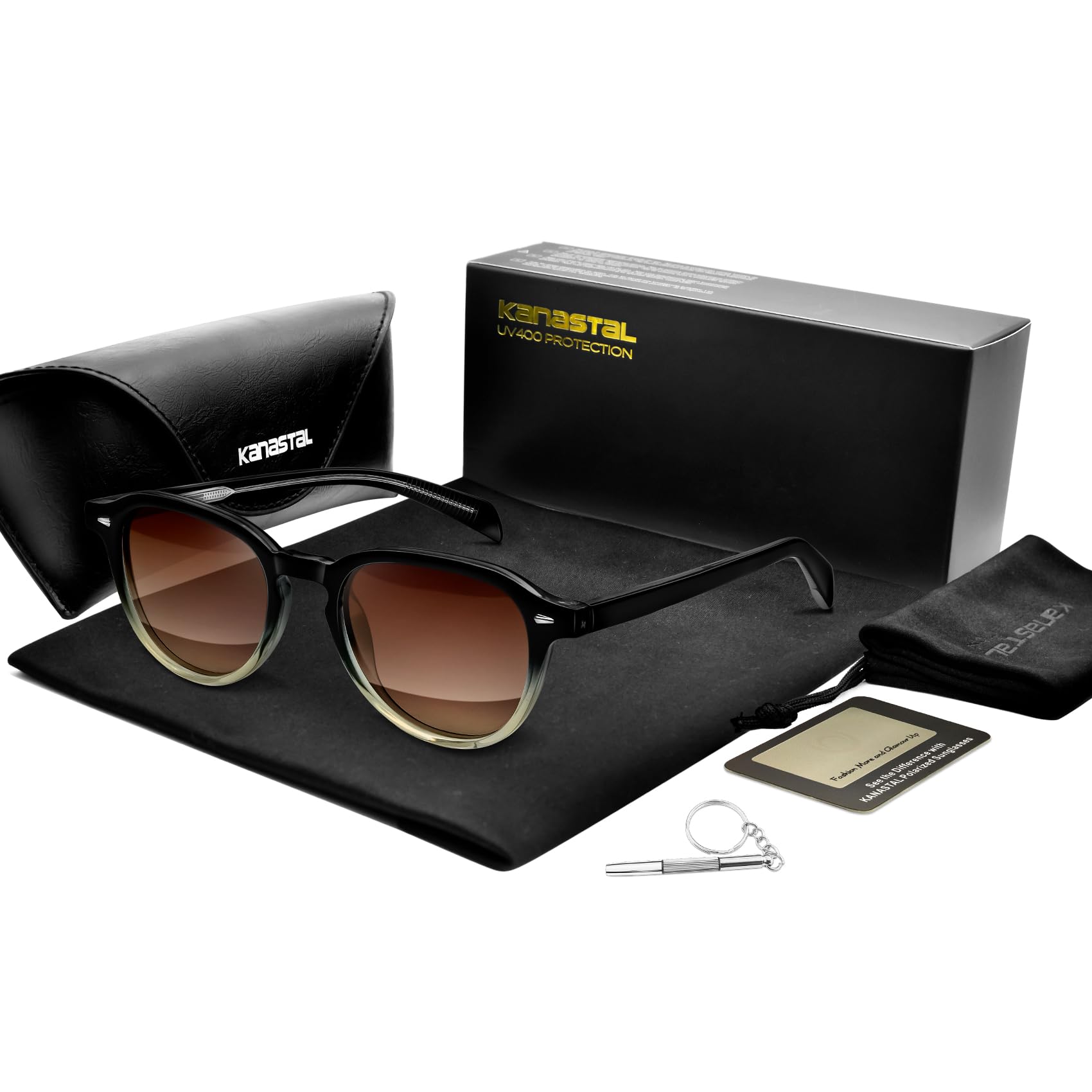 KANASTAL Lunettes de Soleil Femme Polarisées Rétro Lunette de Soleil Ronde Homme Vintage Léger Cadre TR90 avec Branches en Acétate Protection UV400