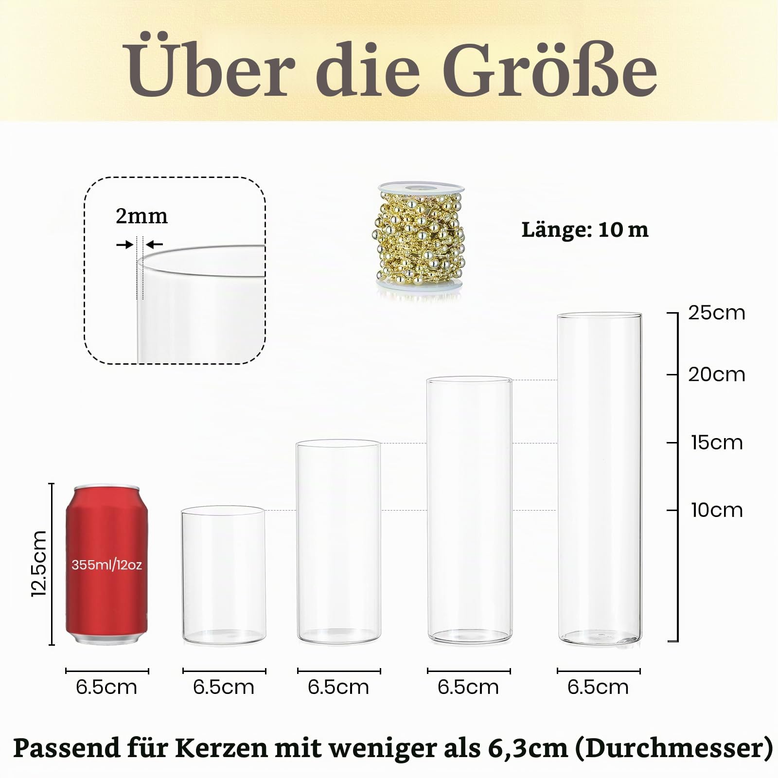 Hewory 12 Kerzengläser mit Goldperlen Glasvase für Tischdeko Windlicht | Hitzeglas, 4 Höhen, Klare Glaszylinder für Kerzen mit Boden, Zylindervasen Set für Hochzeit Outdoor Deko Weihnachten