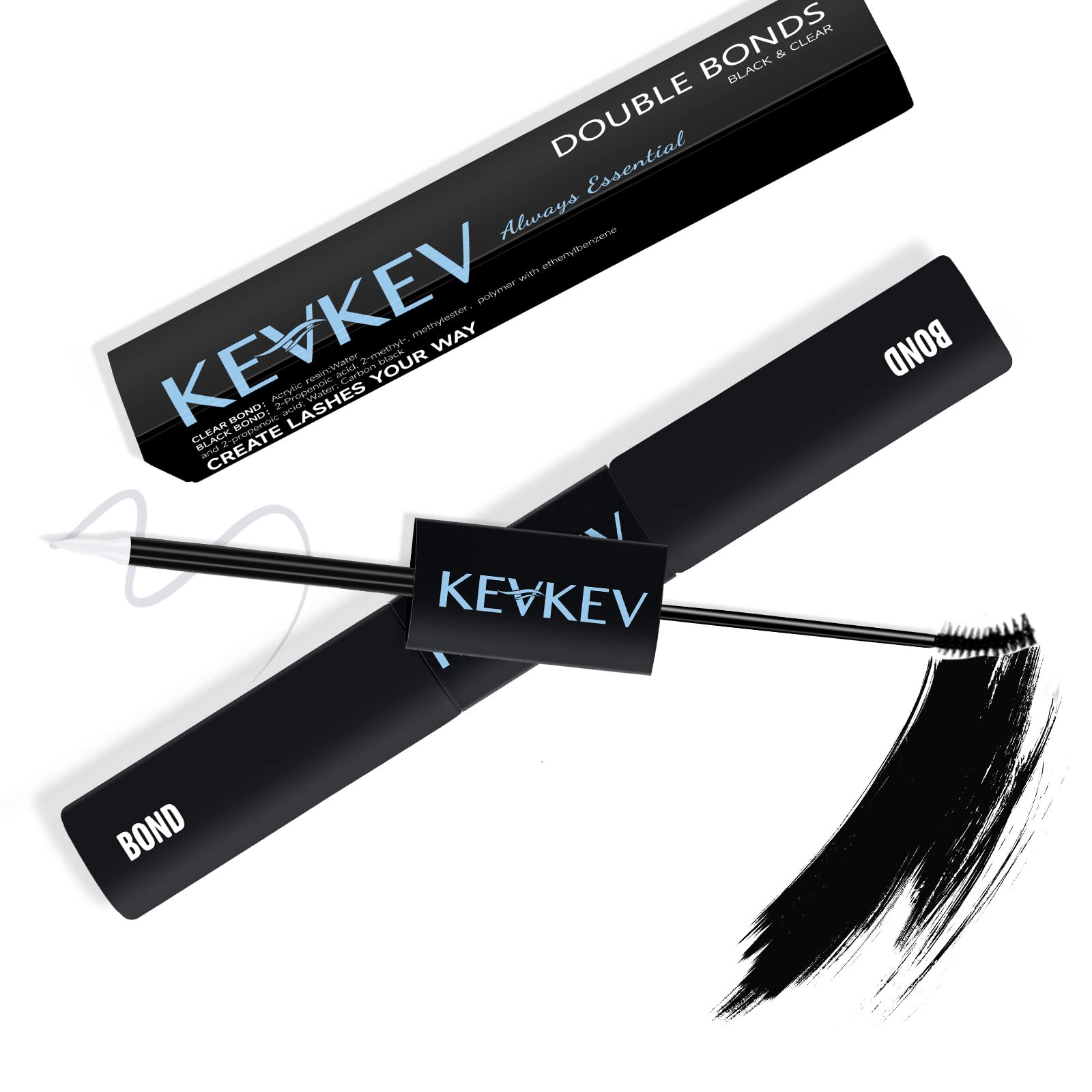 KevKev Lash Bond & Bond Mascara Brush Black Glue and Mini Brush Clear Glue Dual Sided Bond Long Lasting for 72 Hours Strong Hold Waterproof 2 IN 1 Glue Easy to Apply