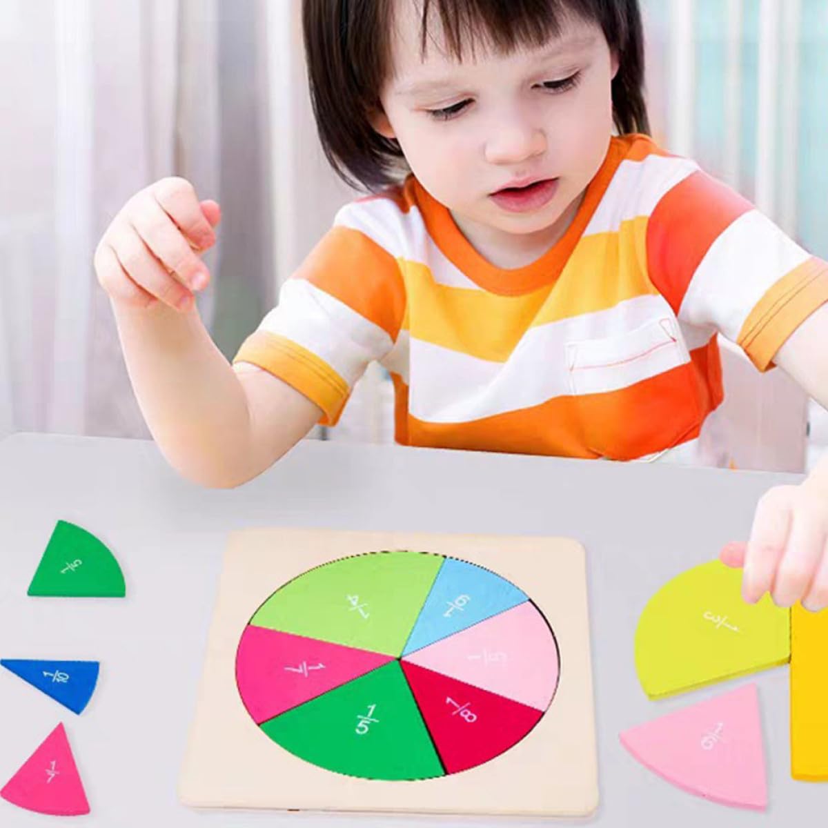 WOONEKY Juego Educativo de Madera en Forma de Disco para Aprender Fracciones, Tablero Didáctico Divertido para Estudiantes Visualización Clara