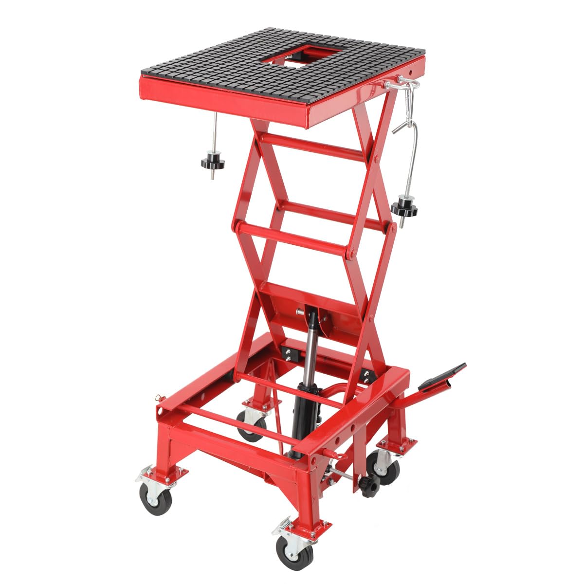 Sollevatore Idraulico per Moto con Pedale, Cavalletto Centrale a Pantografo per Moto, ATV, Enduro – Regolazione Altezza 350‑905 mm, Carico Max 158 kg, con 4 Ruote e Rotelle Universali