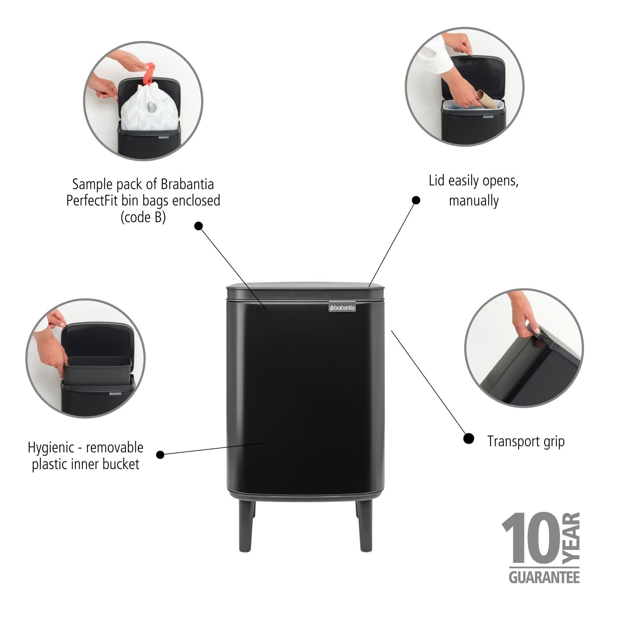 Brabantia Bo Waste Bin Hi Pattumiera 7L con Coperchio a Chiusura Ammortizzata, Secchio Interno Rimovibile e Maniglia per il Trasporto, ottimo per Bagno, Camera da Letto e Ufficio, Matt Black