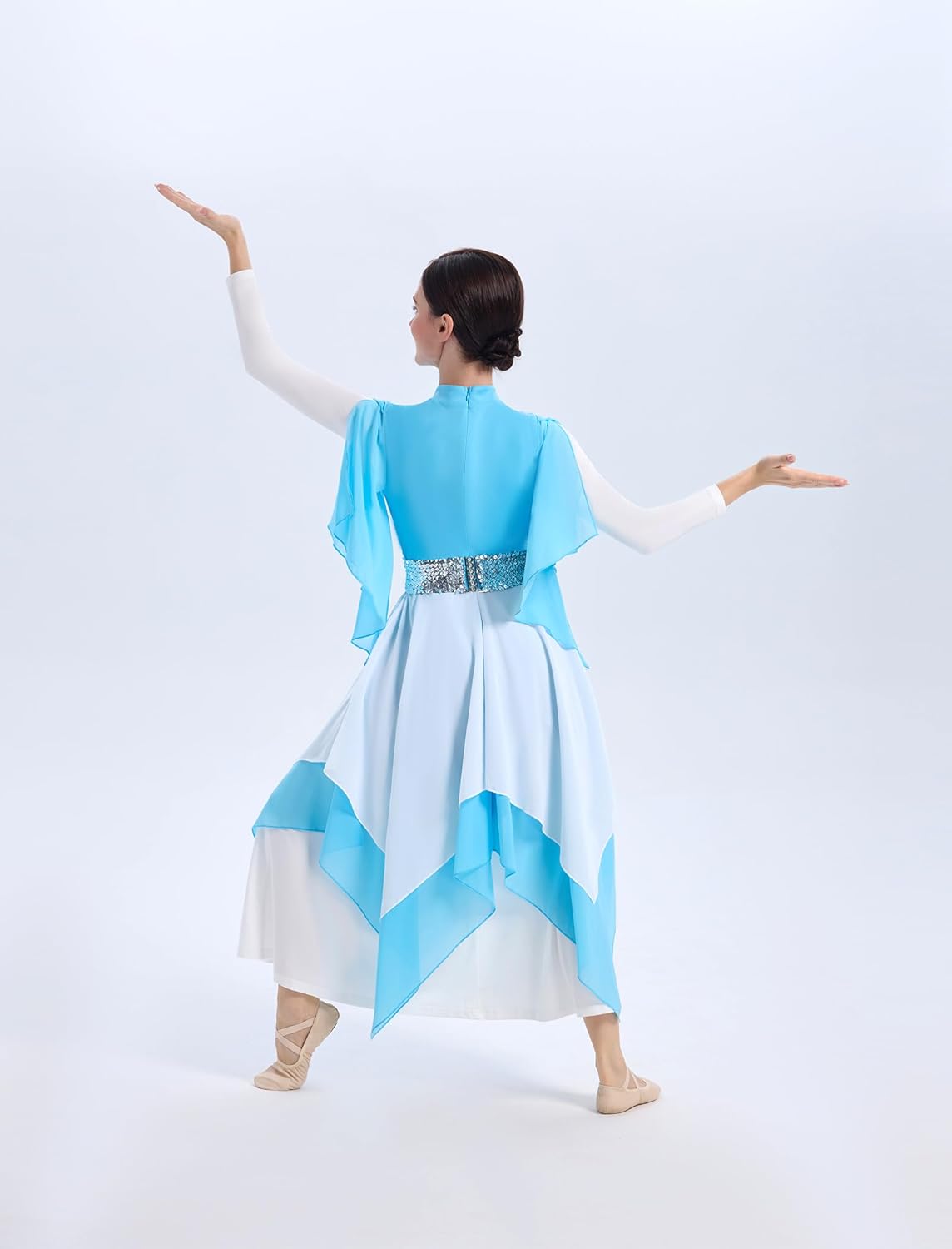 Praise Dance Dress Women Metallic Top Chiffon Cap Sleeve Flowy Skirt Worship Overlay and Tunic Liturgical Dancewear