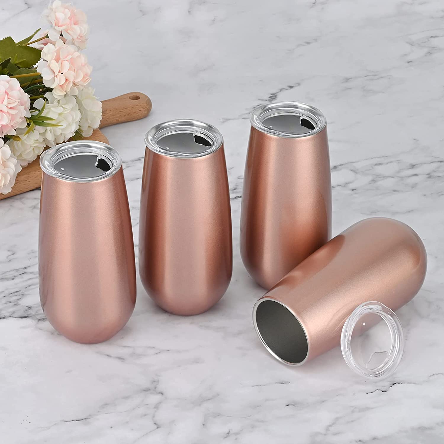 THE WHITE SHOP 4 Pcs Stemless Champagne Flutes Double-insulated Champagne Tumbler with Lips, 6 OZ Stainless Steel Unbreakable Cocktail Cups for Coffee Wine Glass Tumbler (Rose Gold, Champagne, Silver)