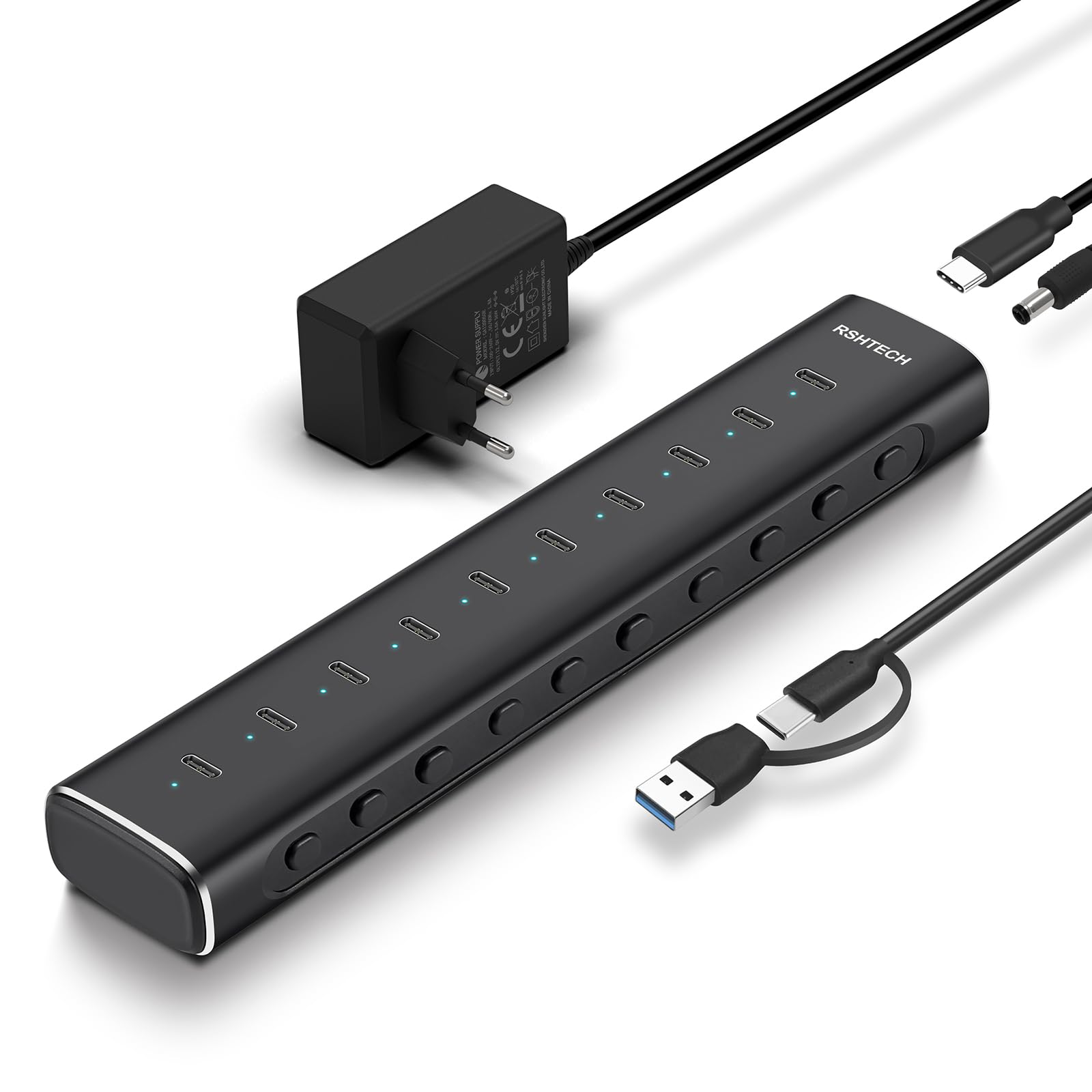 RSHTECH Hub USB C 3.2 Alimentato a 10 Porte (10Gbps/Porta), RSH-H10C | Hub USB Alluminio con Adattatore 60W(12V/5A), Cavo Rimovibile 1m, Interruttore Indipendente, per computer portatile/PC