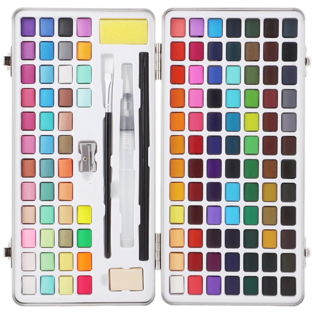 Tragbares Aquarell-Set mit 128 Farben, kompaktes Kunstzubehör mit Pinsel und Bleistift für alle Altersgruppen