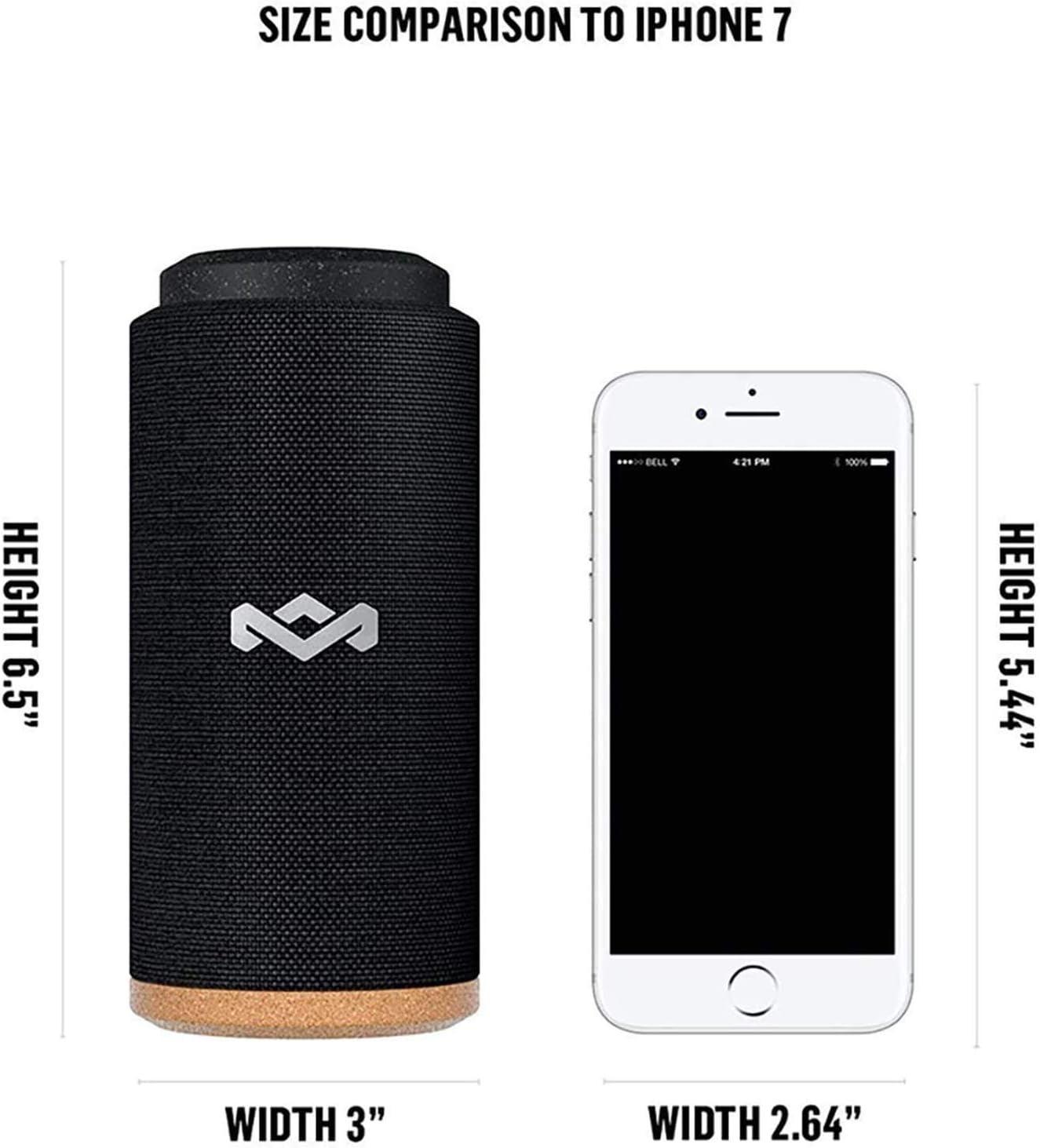 Size comparison of the No Bounds Sport speaker to an iPhone 7, showing the speaker is 6.5 inches high and 3 inches wide.