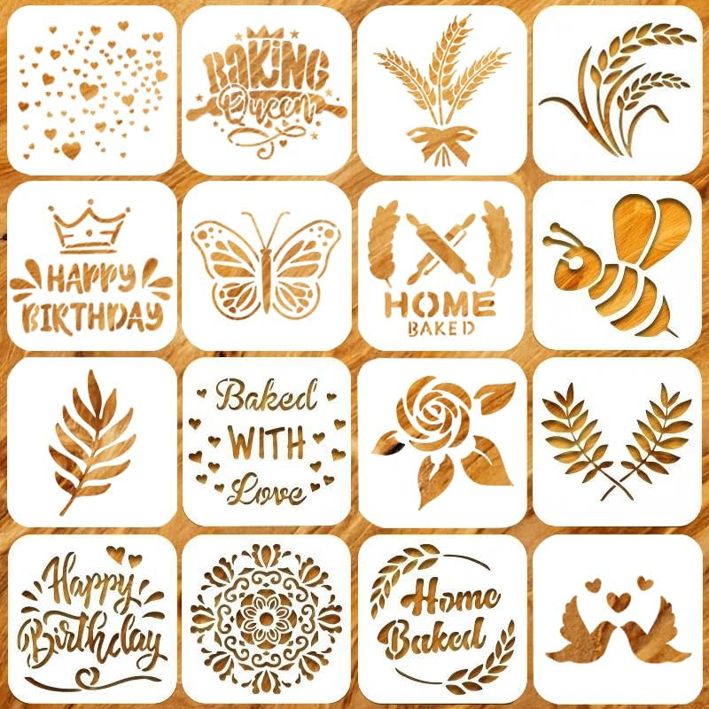 16 Pcs Sourdough Stencils for Bread Cookie Stencils Baking Mold Set Cake Pie or Cookie Cook Baking Template 16 Styles(6 x 6 Inch)