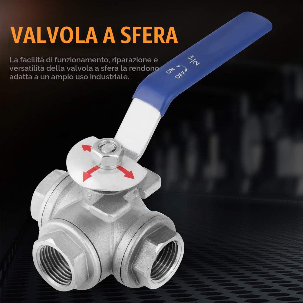 Valvola a Sfera a Tre Vie in Acciaio Inox, Filetto Femmina DN15 / 1/2 Pollice della Valvola a Sfera del Tubo con Maniglia di Bloccaggio per Acqua, Petrolio e Gas