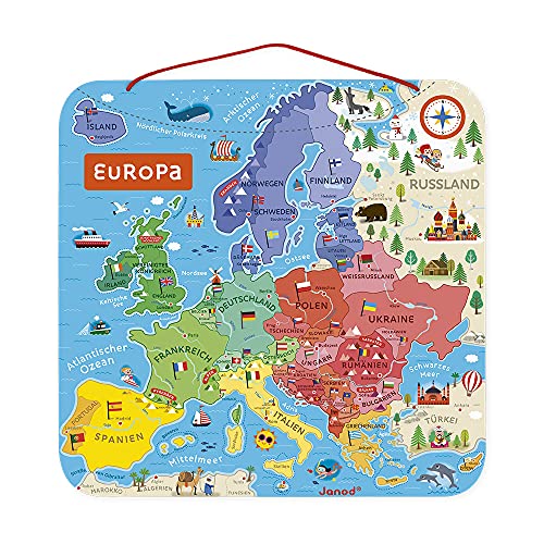 Janod - Puzzle Carte d'Europe Magnétique en Bois - 40 Pièces Aimantées - 45x 45 cm - Version Allemande - Jeu éducatif dès 7 ans, J05473