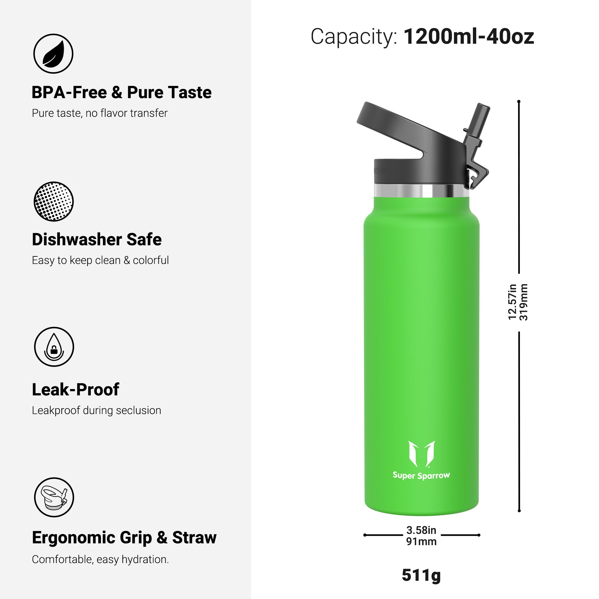 Super Sparrow Borraccia Termica - 500ml, 750ml, 1000ml, 1.2L, 1.5L- SwivelSip Inox Bottiglia - Senza BPA Borracce Termiche, Borraccia Ergonomica per Bambini, Sportiva, Bici, Campeggio, Palestra