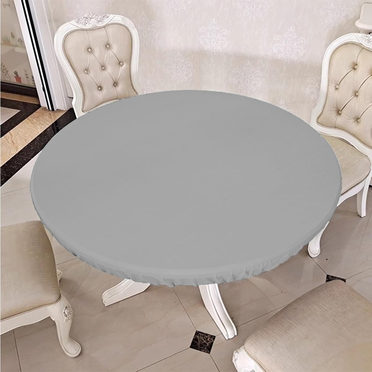 Round Elastic Edged Tablecloth, Waterproof Indoor Outdoor Table Cover for Picnic BBQ Camping Party, Kitchen Dining Room Garden Table Protector Wipeable (Light Gray,35inch(Round))