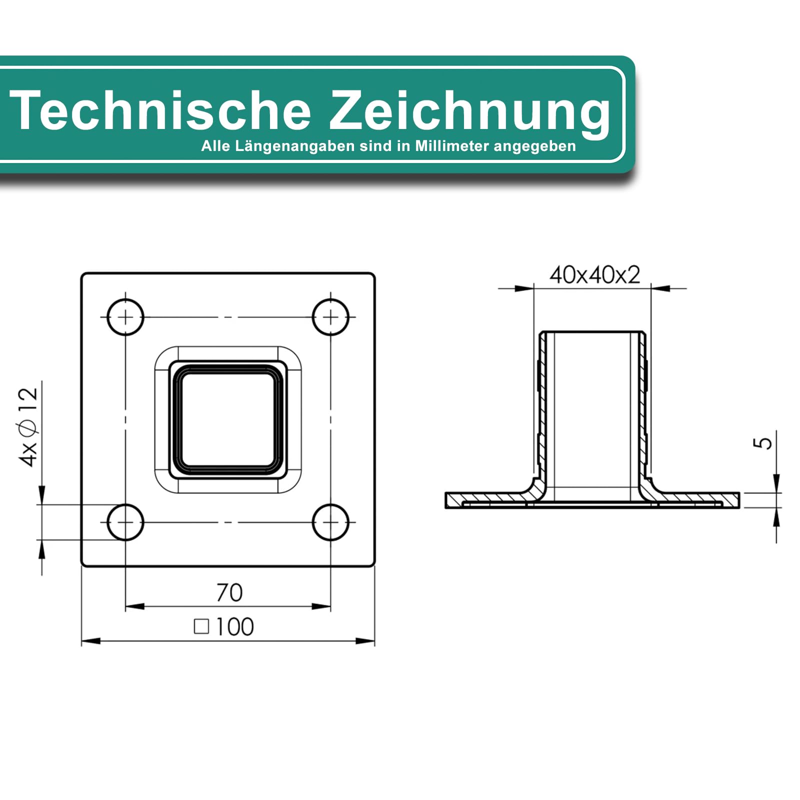 PRIOstahl Bodenanker mit Rändelung Bodenplatte Bodenhülse Ankerplatte x 4 Stück 4-loch Platte für Rohre & Pfosten (Ø 40x40x2mm) zur Verankerung Geländerbau Treppen Balkon Rostfrei aus Edelstahl V2A