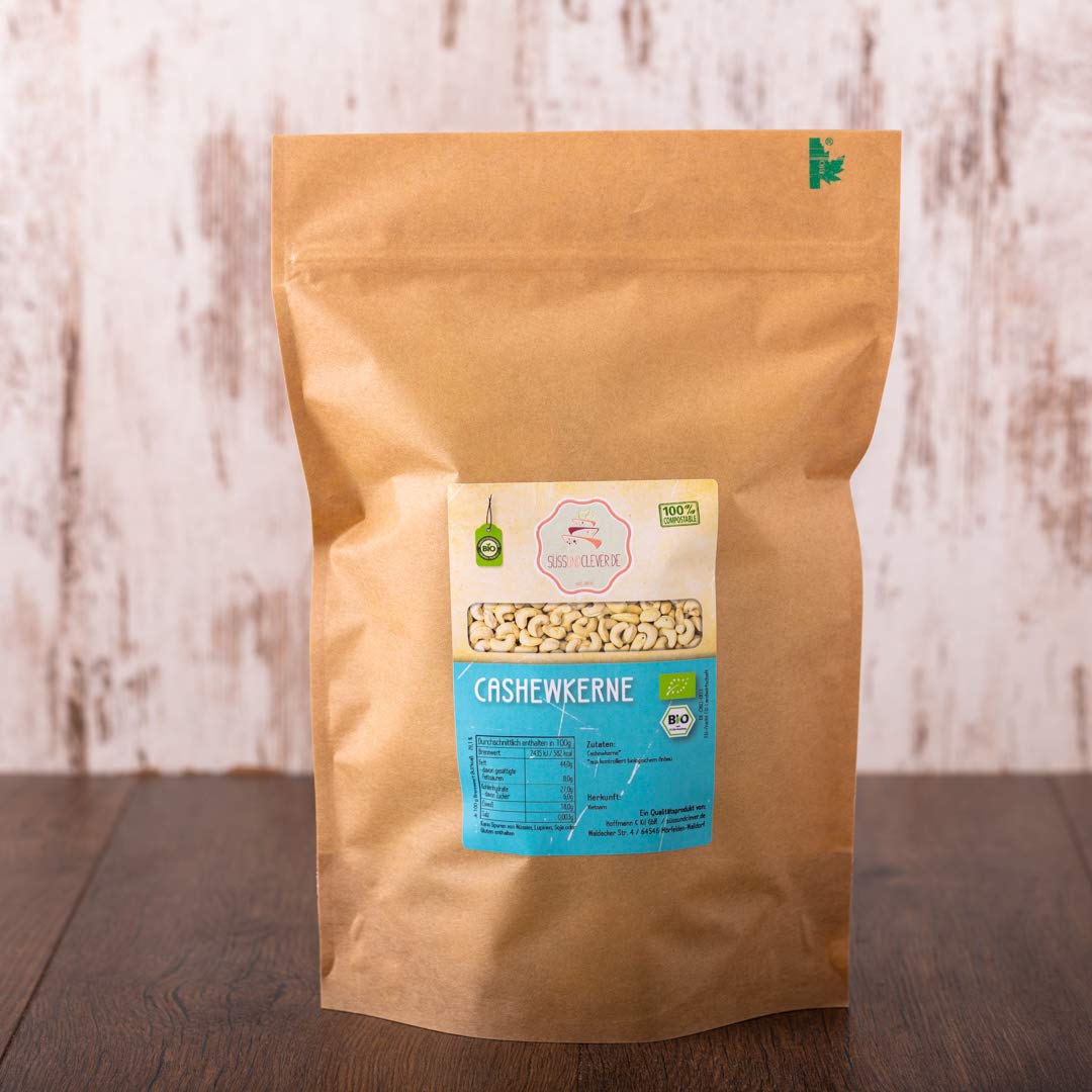süssundclever.de® | Bio Cashewkerne | ganz Kerne | 1 kg | 100% naturbelassen | plastikfrei und ökologisch-nachhaltig abgepackt | Cashews