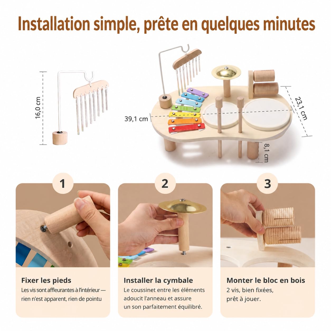 Instruments de Musique pour Enfants de 1 à 3 Ans, Batterie Montessori avec Tambour, Xylophone Et Percussions, Jouet Musical, Cadeau pour Filles Et Garçons