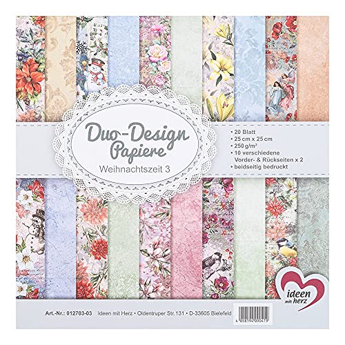 Ideen mit Herz Duo-Design Lot de 20 feuilles de papier de bricolage 25 x 25 cm 250 g/m² Imprimé des deux côtés Papier design, papier à motif, idéal pour le scrapbooking (période de Noël 03)