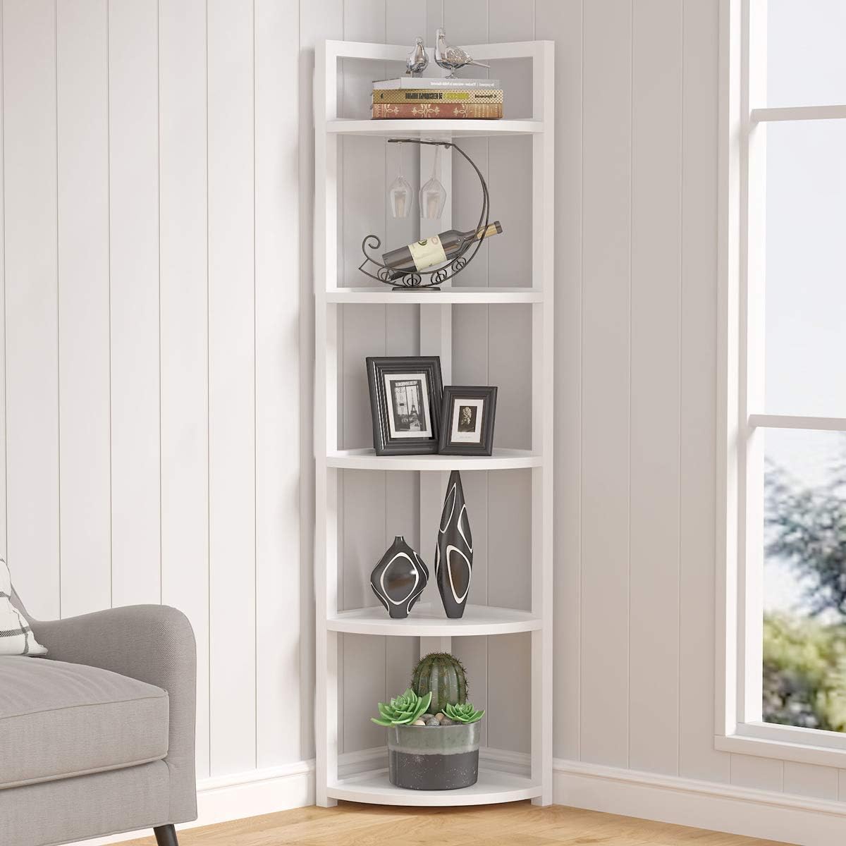 5 Tier Corner Shelf, Modern Corner Bookshelf Small Bookcase Storage Rack Plant Stand for Living Room, Home Office, Kitchen, Small Space (White)