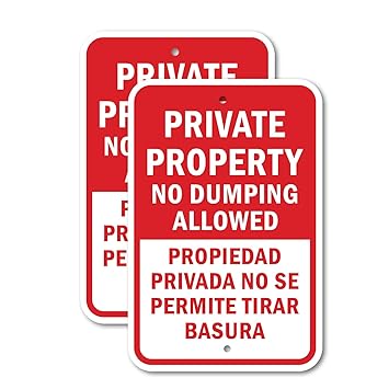 (2 Pack) Private Property No Dumping Allowed Propiedad Privada No Se Permite Tirar Basura | 18-Inch x 24-Inch Aluminum Parking Sign | Heavy Gauge, Rust Free Metal, Weatherproof, UV Protected