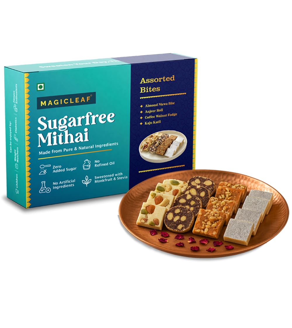 Magic Leaf Sugar Free Dessert Combo - 250 gm, Kaju Katli, Coffee Walnut Fudge, Almond Mewa Bite & Anjeer Roll | Fresh Indian Sweets, Sugarfree Mithai Gift Box, Sweetened with Stevia, No Refined Oil