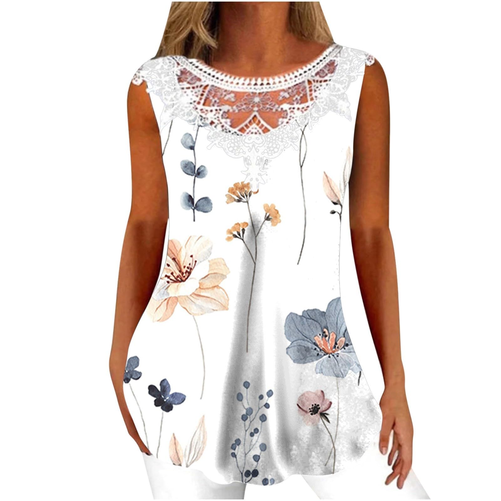 AMhomely Summer Vest Tops Women UK Sleeveless Tank Tops Crew Neck Lace Tops Elegant V Neck Blouses Longline Tunics Tops