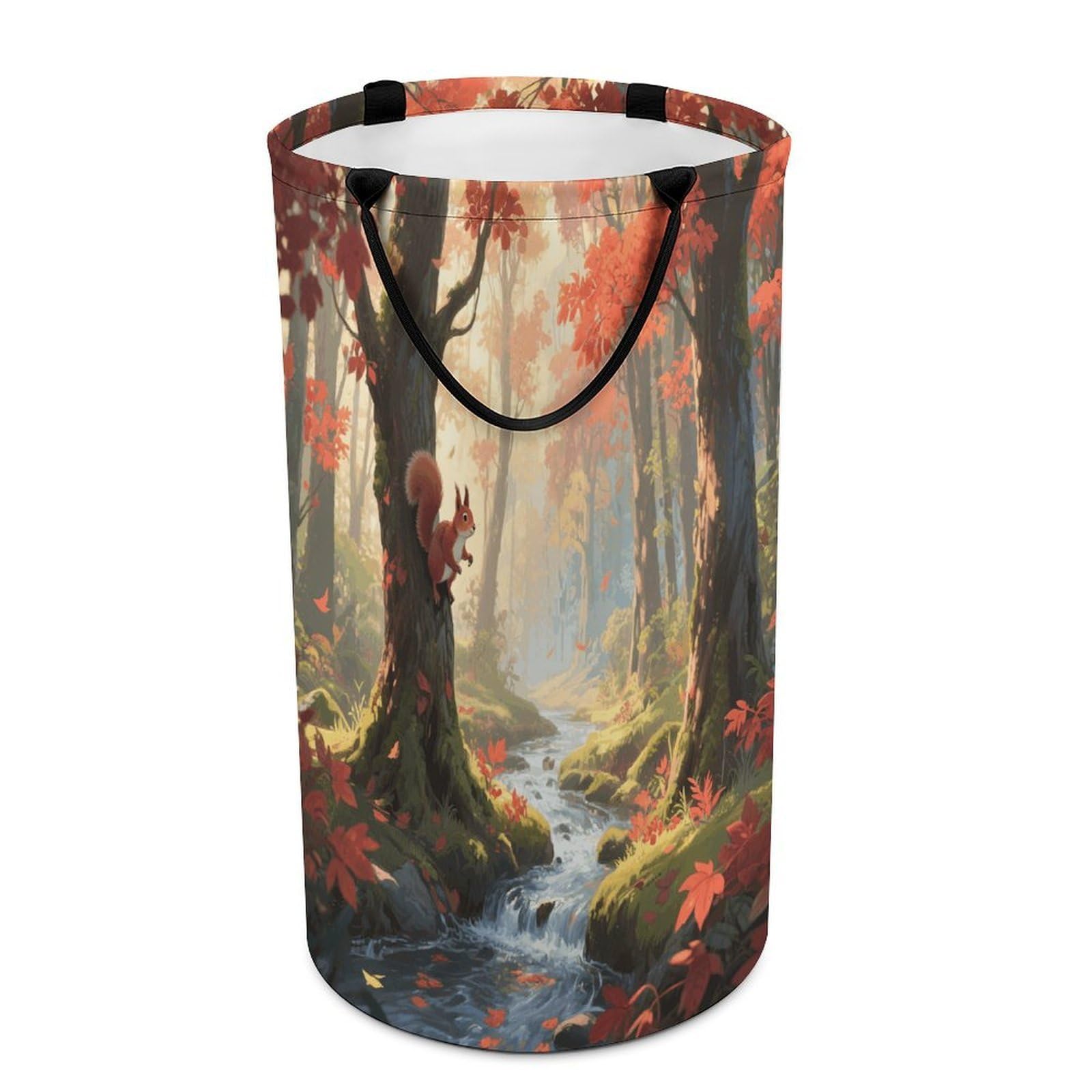 Red Leaf Forest Creek Laundry Basket with Handles Large Collapsible Laundry Bag Freestanding Waterproof Clothes Hamper Decor Storage of Dirty Clothe for Family Bathroom 86L