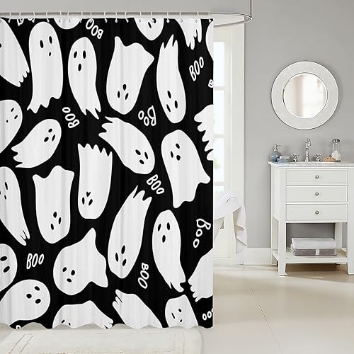 Miniatura 2 de Cortinas de ducha de fantasmas de Halloween de dibujos animados, cortina de baño blanco y negro, juego de decoración de baño con 12 ganchos para