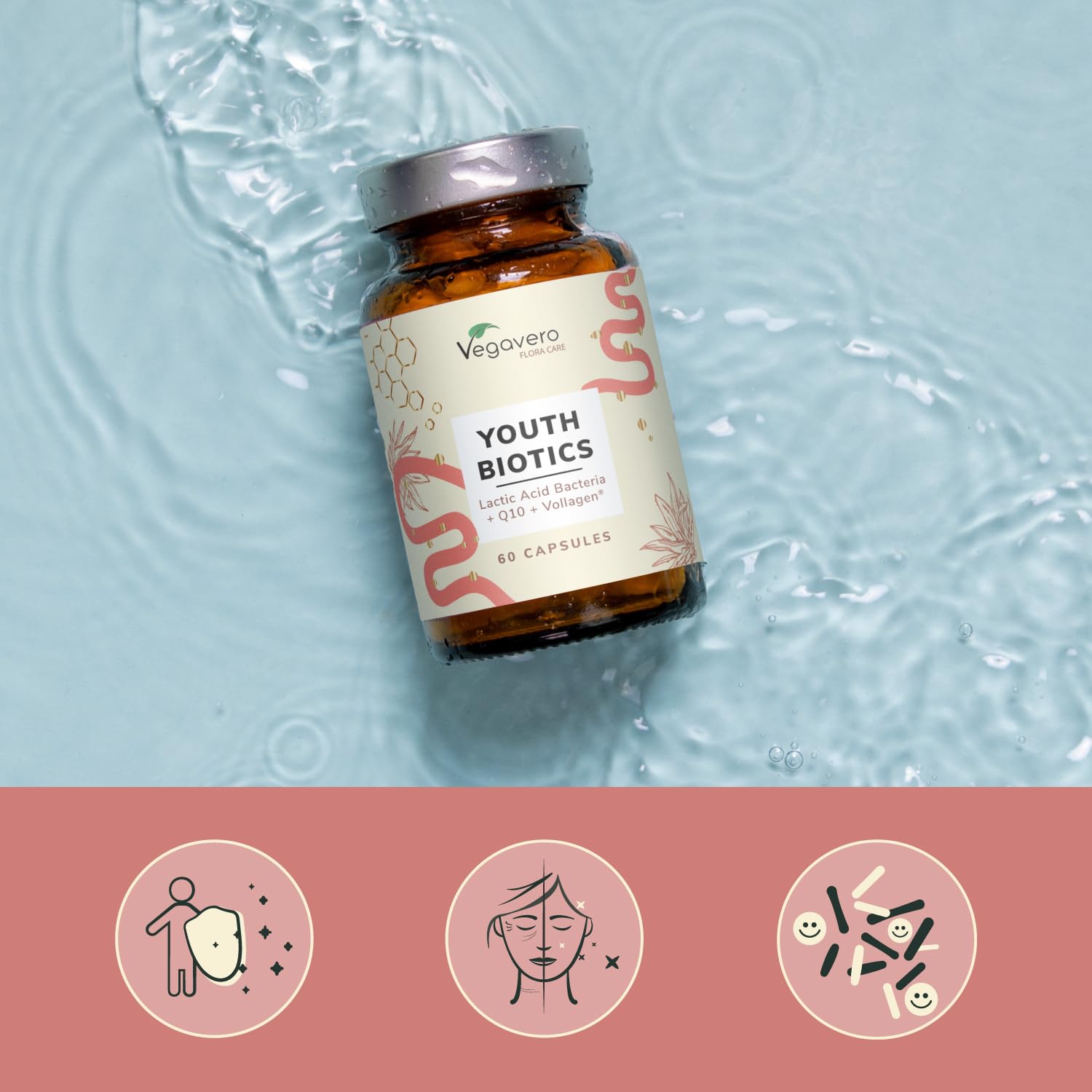 Youth Biotics Kapseln | Veganer Anti-Aging Komplex | Mit Vollagen, Hyaluronsäure & Bakterienstämmen | Magensaftresistent | 60 Stück | Deutsche Produktion von Vegavero